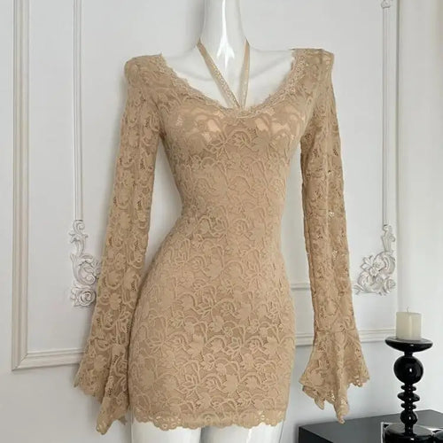 Load image into Gallery viewer, Autumn Ladies Brown Lace V-neck Party Mini Dress French High Waist Sexy Club Elegant Zipper Wrap Hip Pleated Short Dress Popular
