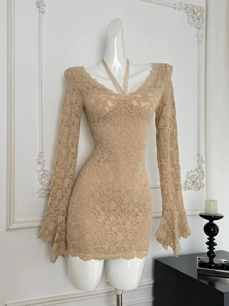 Autumn Ladies Brown Lace V-neck Party Mini Dress French High Waist Sexy Club Elegant Zipper Wrap Hip Pleated Short Dress Popular