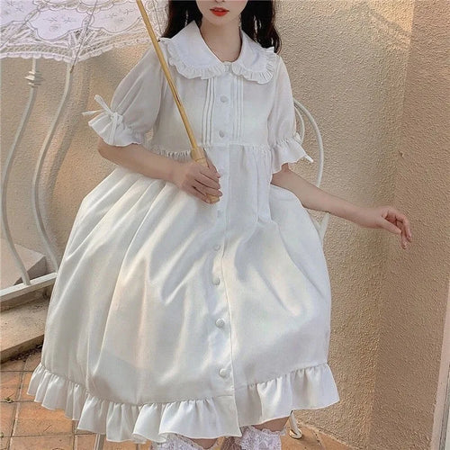 Load image into Gallery viewer, White Kawaii Lolita Dress For Girls Soft Princess Fairy Peter Pan Collar Dress Japanese Style Cute Puff Sleeve Party Dress
