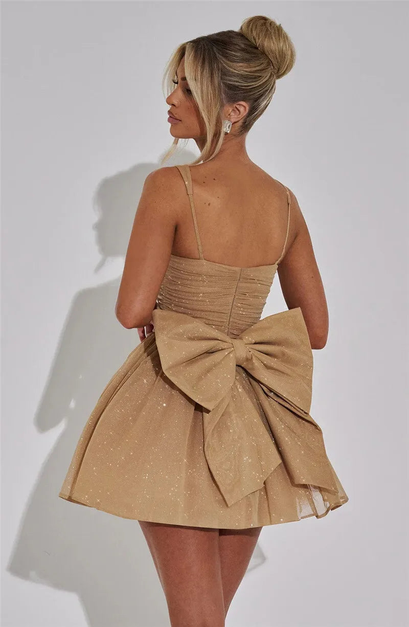 Bow Backless Sexy Mini Dress For Women Robe Spaghetti Strap Sleeveless Backless High Waist A-line Club Dress Vestido