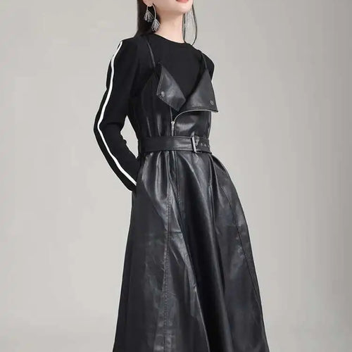 Load image into Gallery viewer, Women Black Pu Leather Belted Long A-line Dress New V-Neck Sleeveless Loose Fit Fashion Tide Spring Autumn 2025 1DH2000
