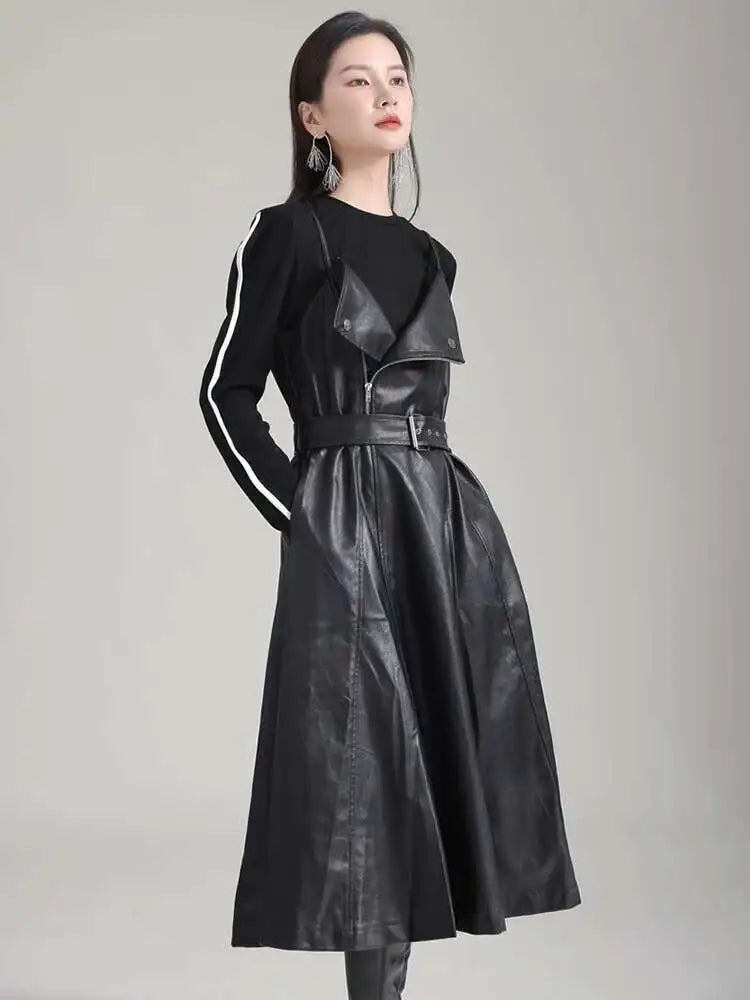 Women Black Pu Leather Belted Long A-line Dress New V-Neck Sleeveless Loose Fit Fashion Tide Spring Autumn 2025 1DH2000