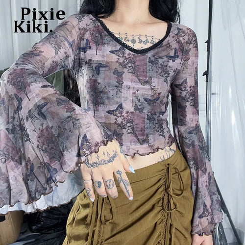 Load image into Gallery viewer, Butterfly Mesh Crop Top V-neck Flare Sleeve Blouse Shirt Women Fairy Grunge Trashy Y2k 2000s Clothes Aesthetic P85BD12
