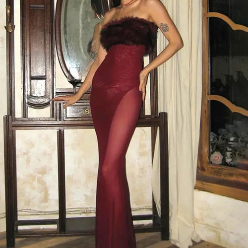 Load image into Gallery viewer, Feather Strapless Backless Sexy Maxi Dress For Women Wine Red Mesh Patchwork Sleeveless Backless Bodycon Club Dress
