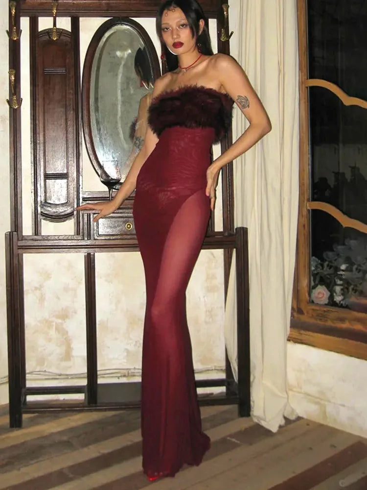 Feather Strapless Backless Sexy Maxi Dress For Women Wine Red Mesh Patchwork Sleeveless Backless Bodycon Club Dress