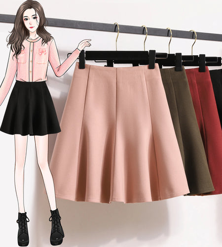 Solid Elegant Zippered Woolen Short Skirt Ladies 2023 Autumn Winter Women's High Waist Korean Plus Size Party Mini Pleated Skirt