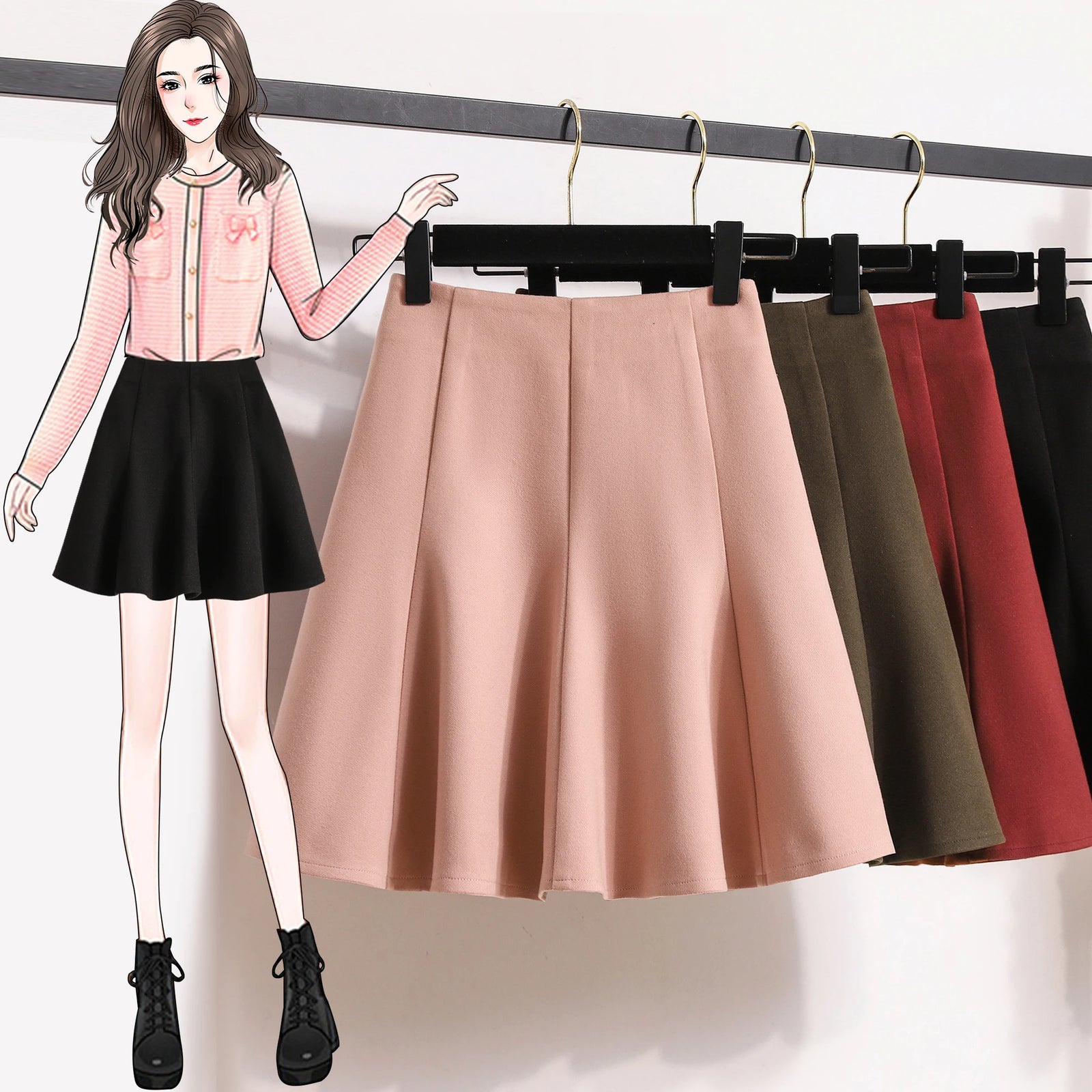 Solid Elegant Zippered Woolen Short Skirt Ladies 2023 Autumn Winter Women's High Waist Korean Plus Size Party Mini Pleated Skirt