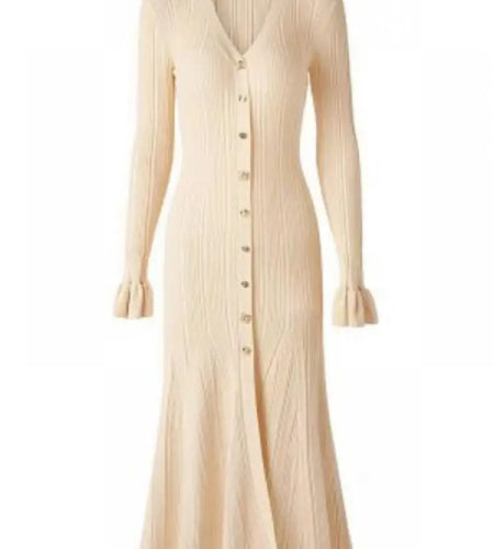 Retro Women Black Beige Temperament Single Breasted Slim Knit Dress Autumn Winter Red Long Sleeve V Neck Elegant Fishtail Dress