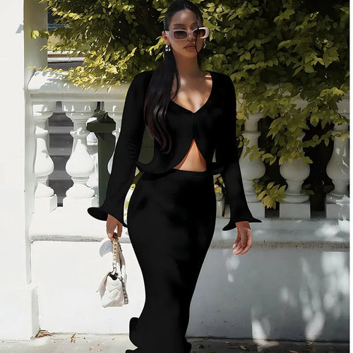 Load image into Gallery viewer, Elegant Sexy Skirt Two Piece Sets Women Autumn New V Neck Long Sleeve T-shirt And Long Skirt Matching Two Piece Sets
