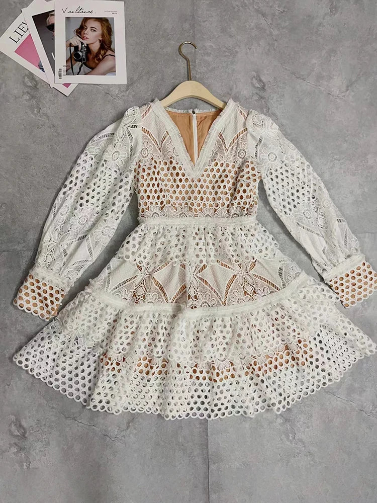 Hollow Out Lace Dresses For Women V Neck Lantern Sleeve High Waist Embroidery Mini Folds Dress Female Simmer 2023 Clothing