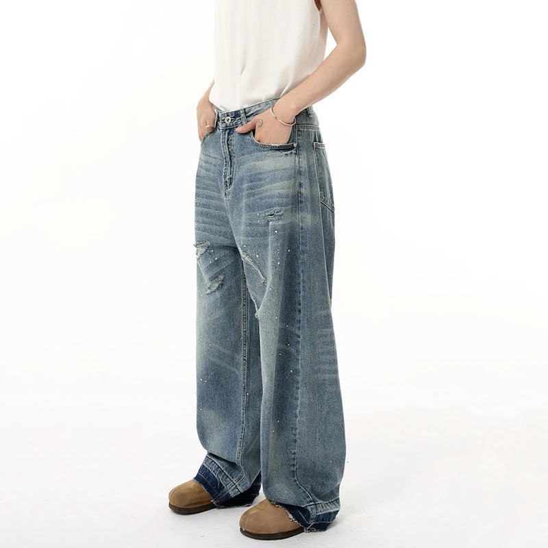 Men's Jeans New American Cat Whiskers Design Gradient Color Trendy Washed Patterns Worn-out Male Straight Bottoms 9W1833