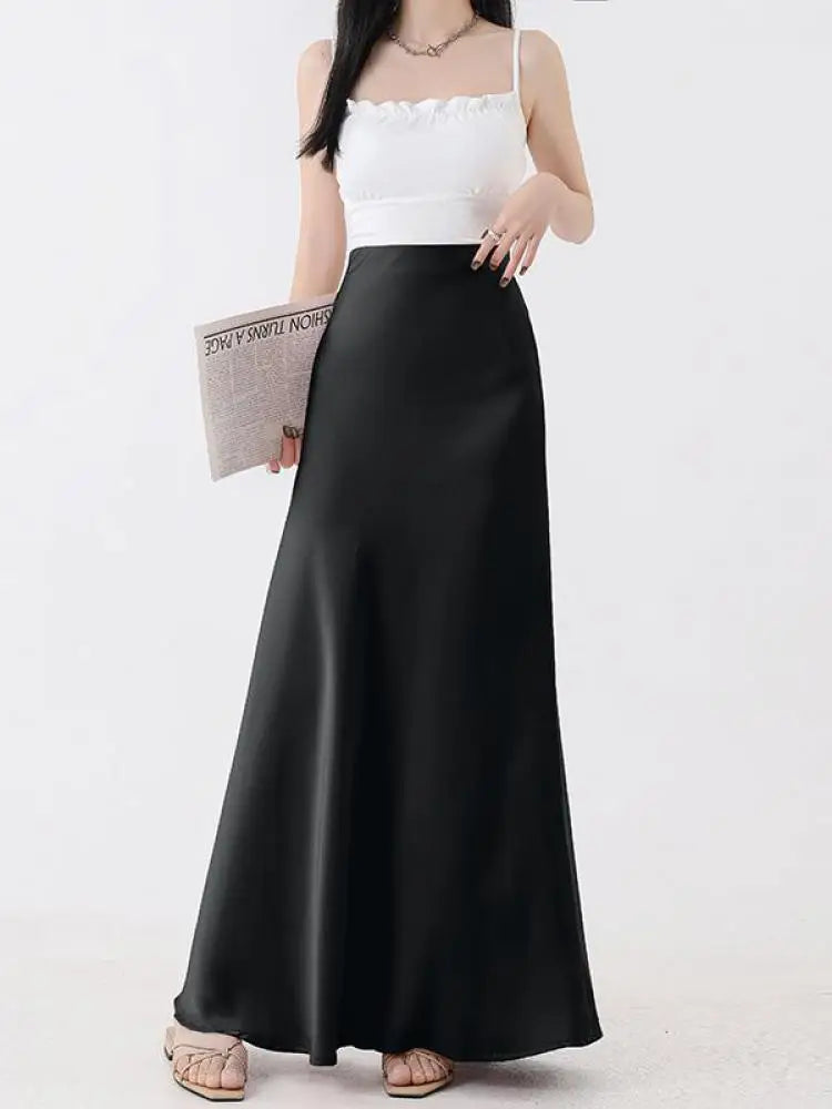 Korean Black Beige A-line Pleated Long Skirt Spring Summer Women 2024 Streetwear Pink High Waist Elegant Wrapped Hip Skirt Trend