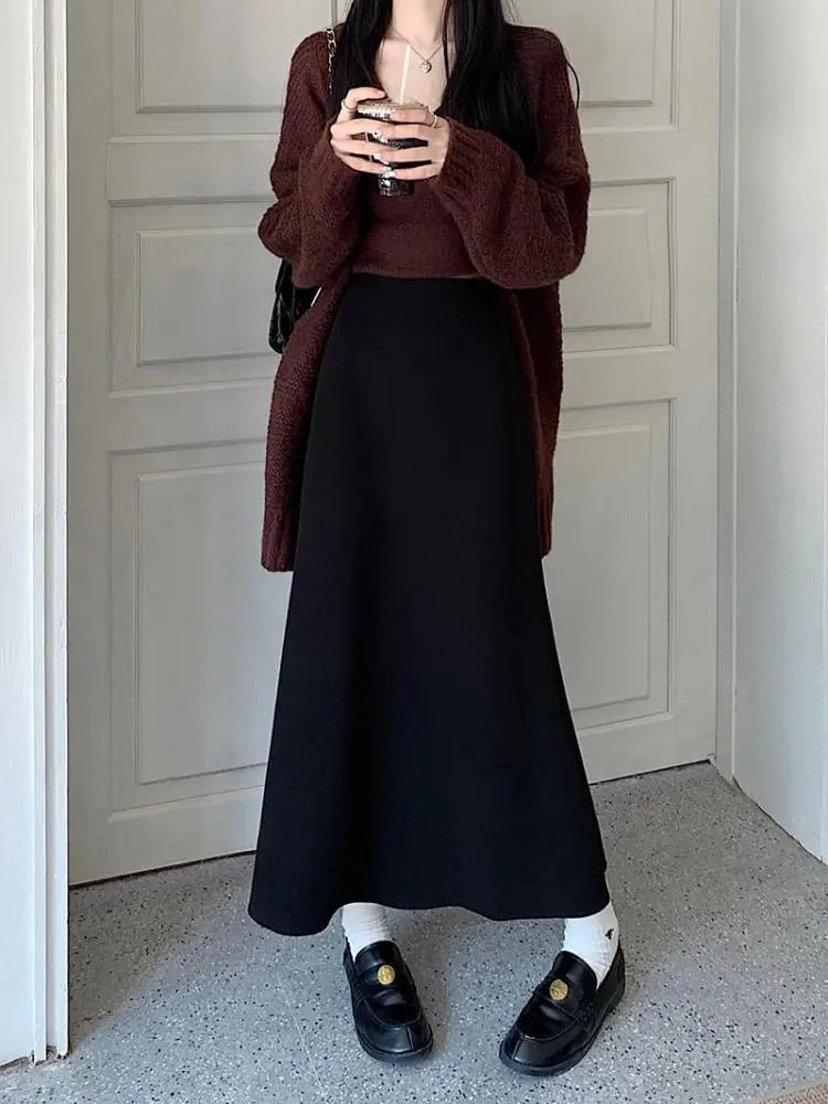 Korean Chic Women's Black Temperament Vacation Knitted Long Skirt Autumn Winter Brown High Waist Skirts Fashion Simplicity Trend