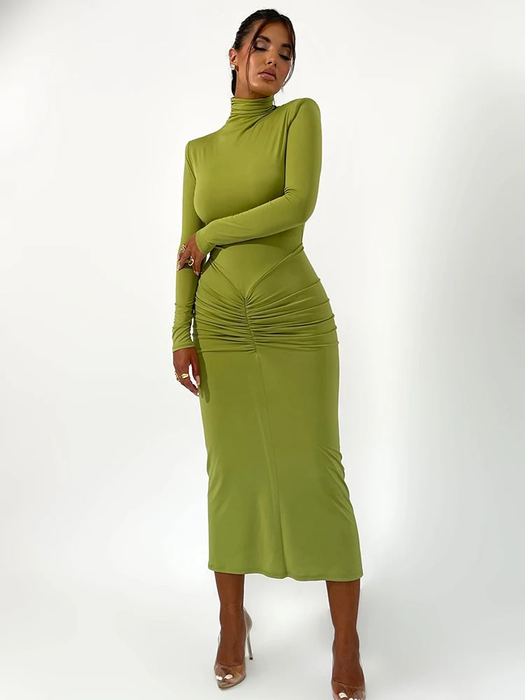 Elegant Turtleneck Long Sleeve Bodycon Maxi Dress Women Autumn Winter New Ruched Club Party Sexy Dress Vestidos