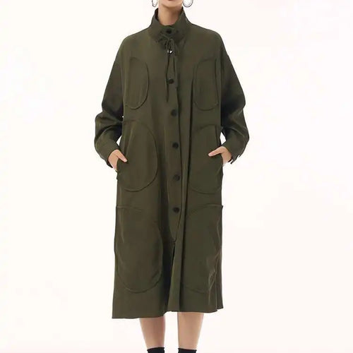 Load image into Gallery viewer, Women Army Green Patch Drawstring Big Size Midi Dress New Stand Collar Long Sleeve Fashion Tide Spring Autumn 2025 1DH9211
