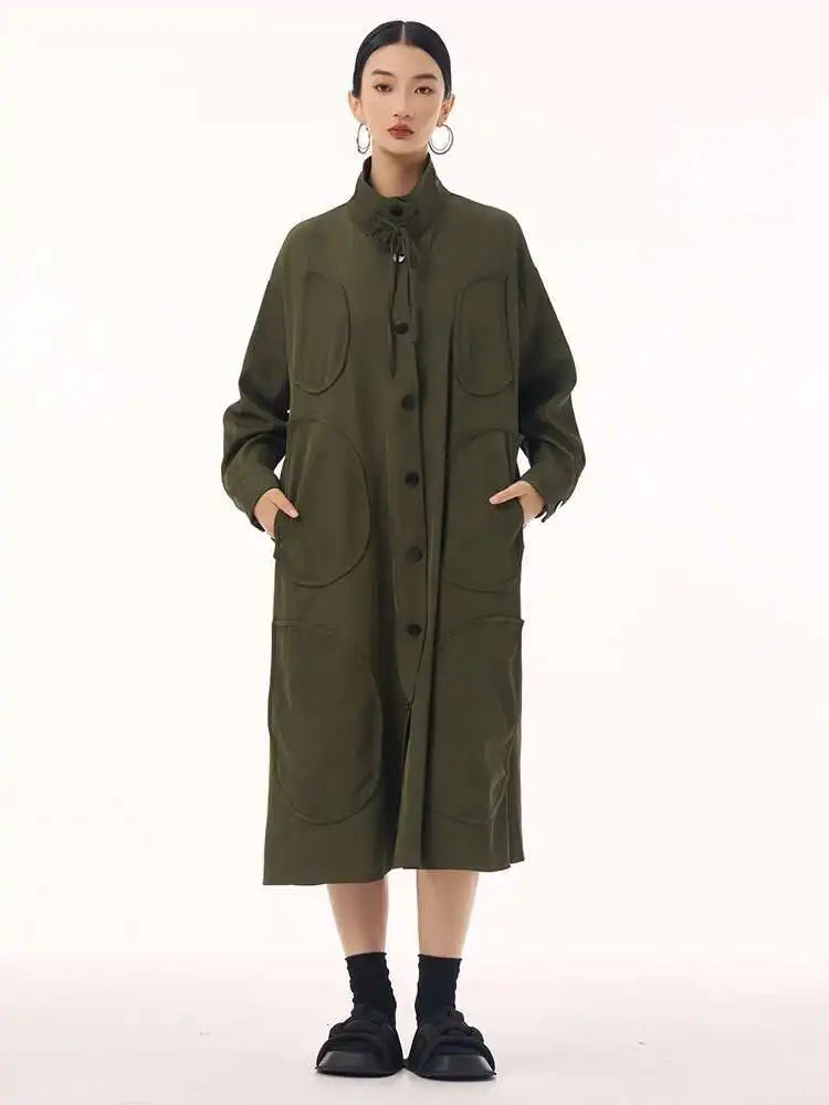 Women Army Green Patch Drawstring Big Size Midi Dress New Stand Collar Long Sleeve Fashion Tide Spring Autumn 2025 1DH9211