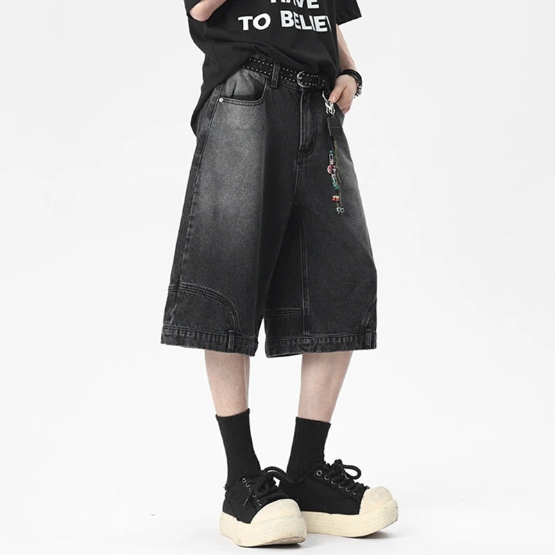 Men's Denim Shorts New American Personalized Straight Wide Leg Male Short Jeans Summer High Street Men Clothing 9W1670