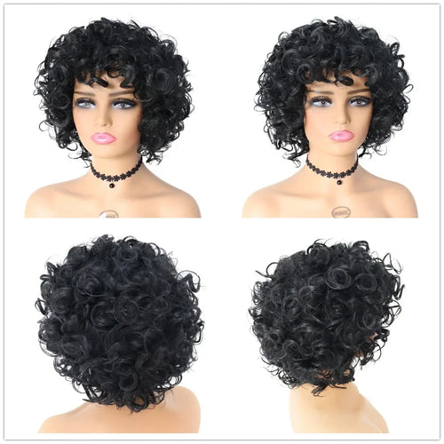 Load image into Gallery viewer, Synthetic Black Curly Afro Wig with Bang for Women Natural Wig Curls Kinky African American Wig Mix Brown Bombshell Wig
