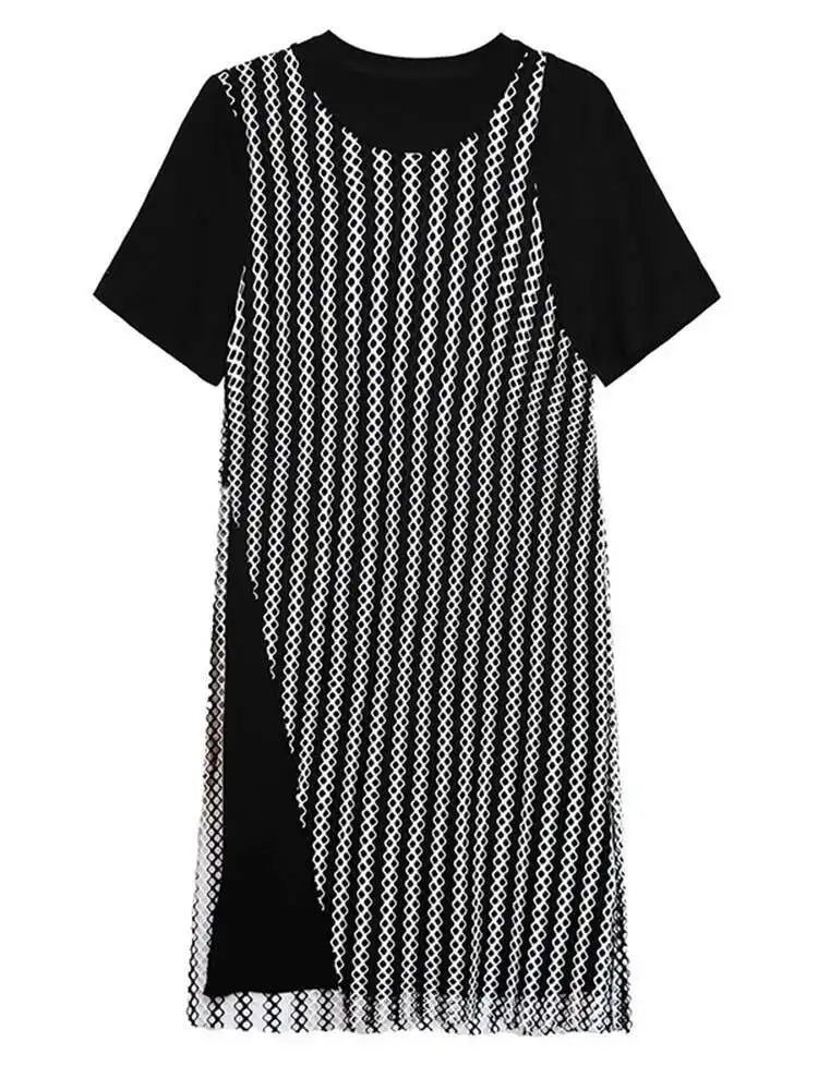 Women Black Irregular Mesh Big Size Casual Midi Dress New Round Neck Short Sleeve Fashion Tide Spring Summer 2025 1DH5415