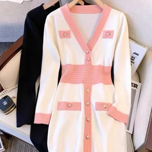 Load image into Gallery viewer, Spring French Black Temperament V Neck Long Sleeve Button Dress Women White Pink Patchwork Office Wrap Hip Knit Short Dress Chic

