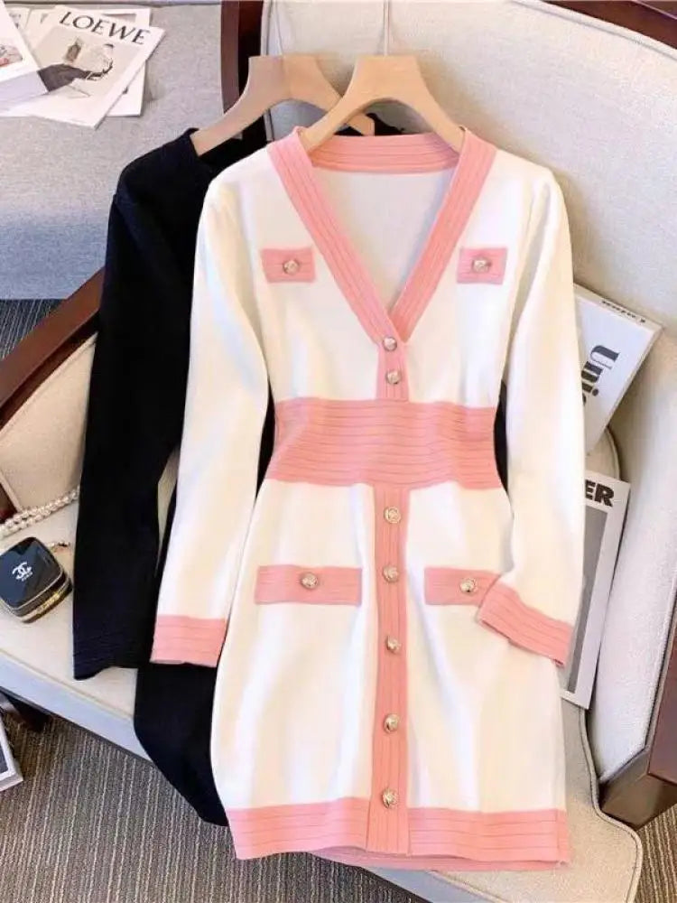 Spring French Black Temperament V Neck Long Sleeve Button Dress Women White Pink Patchwork Office Wrap Hip Knit Short Dress Chic