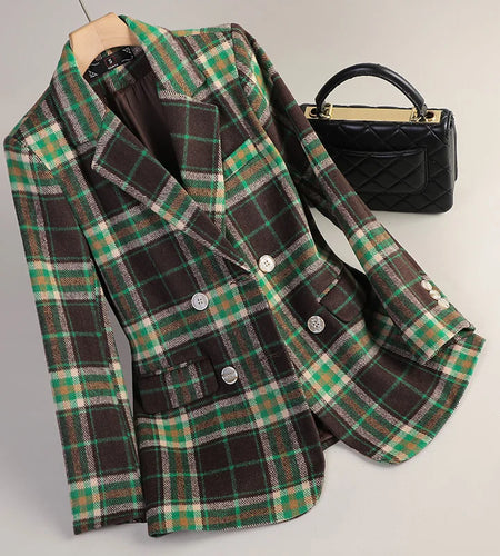 Korean Women Fashion Plaid Double Breasted Woolen Blazer Coat Vintage Long Sleeve Temperament Office Lady Top Chic Autumn Winter