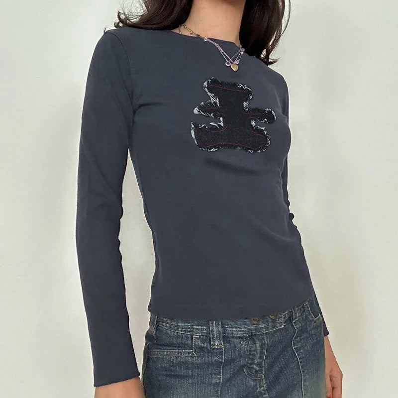Harajuku Cartoon Long Sleeve Tee Shirt Women Y2K Korean Retro Skinny Women Tops Appliques T shirt Kawaii Clothes