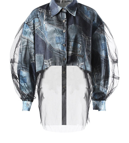 Blue Denim Printed Mesh Big Size Casual Jacket New Lapel Long Sleeve Women Coat Fashion Tide Spring Autumn 2025 7AB9030