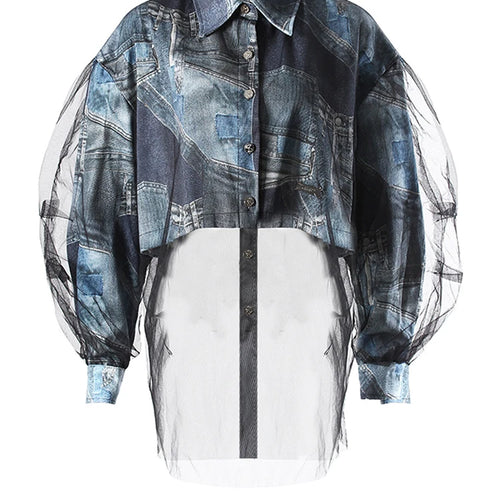 Load image into Gallery viewer, Blue Denim Printed Mesh Big Size Casual Jacket New Lapel Long Sleeve Women Coat Fashion Tide Spring Autumn 2025 7AB9030
