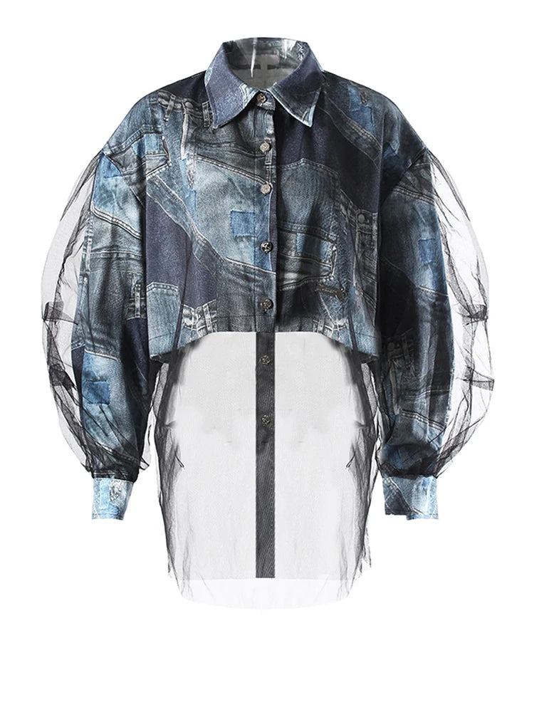 Blue Denim Printed Mesh Big Size Casual Jacket New Lapel Long Sleeve Women Coat Fashion Tide Spring Autumn 2025 7AB9030