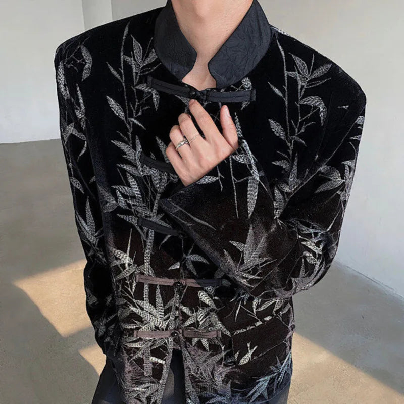 Men's Suit Coat New Spring  Embroidered Bamboo Design Leaf Chinese Style Knot Button Single Breasted Male Clothing 9W1698