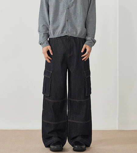 Men's Jeans New American Style Straight Leg Trendy Multi Pockets Line Design Splicing Male Summer Loose Bottoms 9W1900