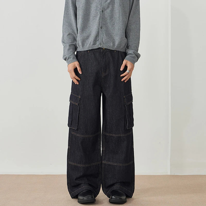 Men's Jeans New American Style Straight Leg Trendy Multi Pockets Line Design Splicing Male Summer Loose Bottoms 9W1900