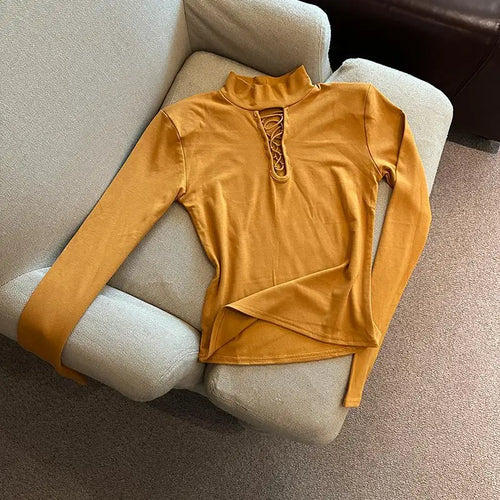 Load image into Gallery viewer, Autumn Winter Elegant Half High Collar Hollow Out Short T Shirt Women New Long Sleeved Slim Tops 2024 Korean Simplicity Clothing
