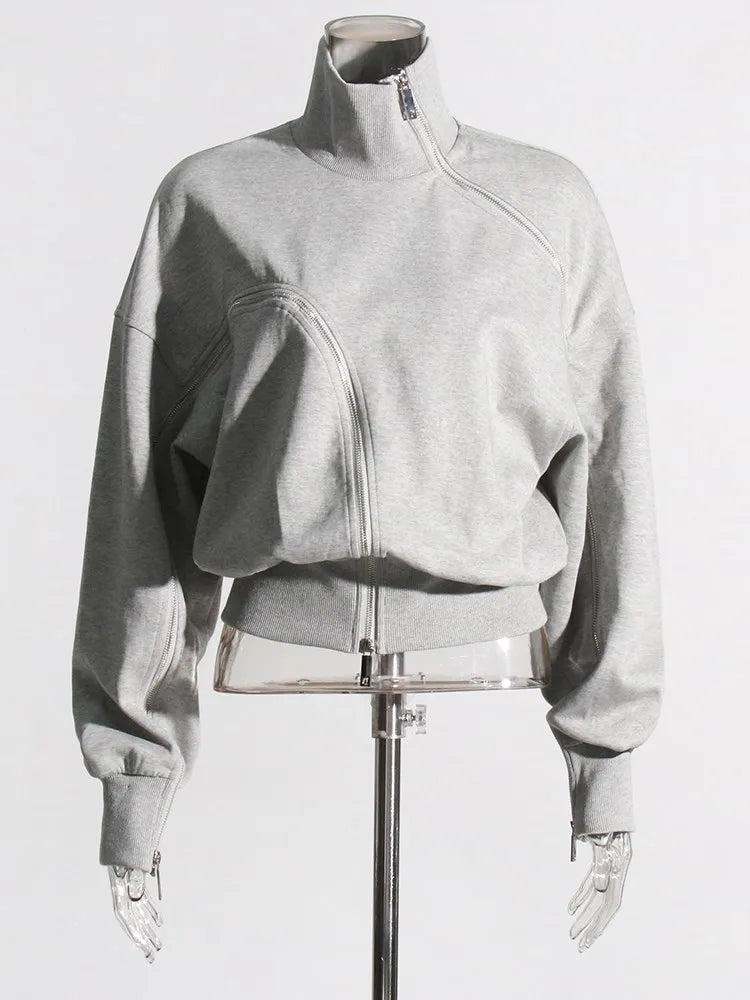 Casual Solid Sweatshirts For Women Turtleneck Long Sleeve Patchwork Zipper Irregular Loose Sweatshirt Female Fashion Style