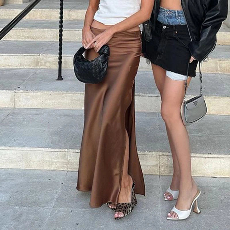 Chic Elegant Brown Low Waist Long Skirt Female Summer Side Split Solid Basic Fashion Satin Skirts Party Maxi Outfits