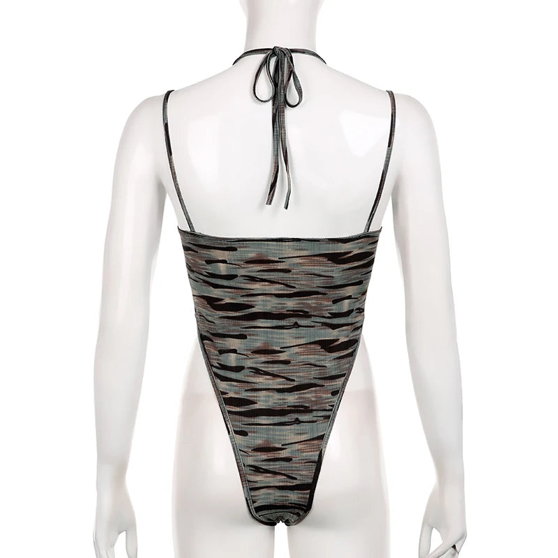 Vintage Camouflage Halter Slip Summer Body One Piece Zebra Pattern Women's Bodysuit Bandage Casual Holidays Jumpsuit