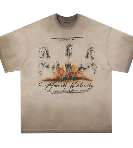 Vintage Tshirt Y2K Grunge Horse Graphic Printed Tie Dye Gradient T-Shirts Streetwear Hip Hop Punk Gothic Baggy Tee Harajuku Tops