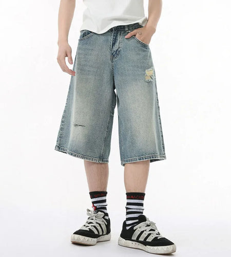 Men's Denim Pants Washed Hole Worn-out Shorts New Fashion American Wide Leg Jeans Stylish Casual Trendy Menwear 9W1588