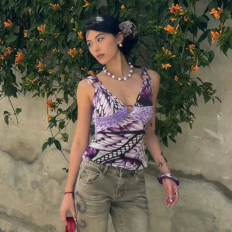 Japanese Y2k Purple Camisole Trashy 2000s V-neck Tank Top Grunge Aesthetics Backless Crop Top Vintage Harajuku Camis Top