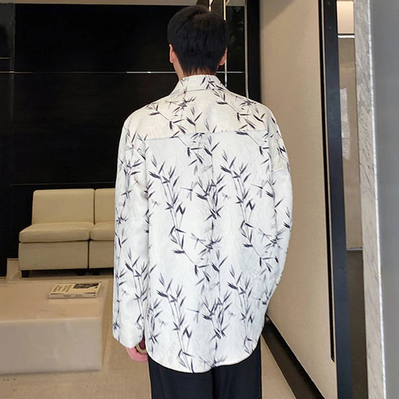Male Shirts Ink Painting Lace-up Jacquard New Chinese Style Lapel Contrast Color Men's Long Sleeve Shirt 2025 Spring 9C4982