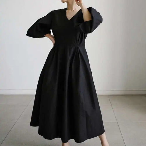 Load image into Gallery viewer, Women Kahki Elegant Big Size Long Dress New V-Neck Long Lantern Sleeve Loose Fit Fashion Tide Spring Autumn 2025  1DH0488
