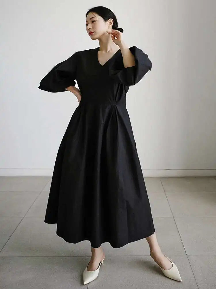 Women Kahki Elegant Big Size Long Dress New V-Neck Long Lantern Sleeve Loose Fit Fashion Tide Spring Autumn 2025  1DH0488