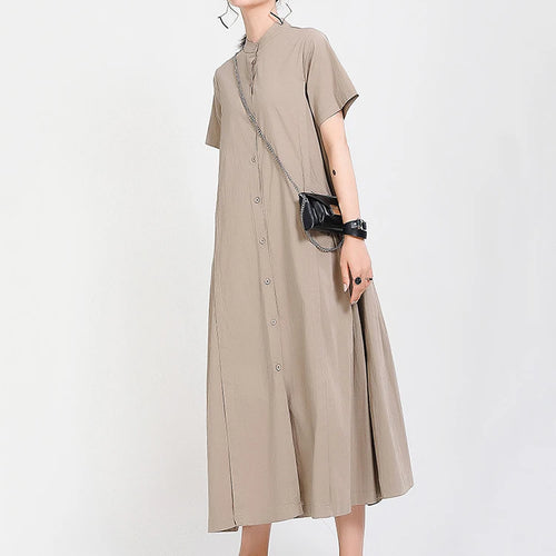 Load image into Gallery viewer, Women Army Green Pleated Elegant Long Shirt Dress New Stand Collar Short Sleeve Fashion Tide Spring Summer 2025 1DE8985
