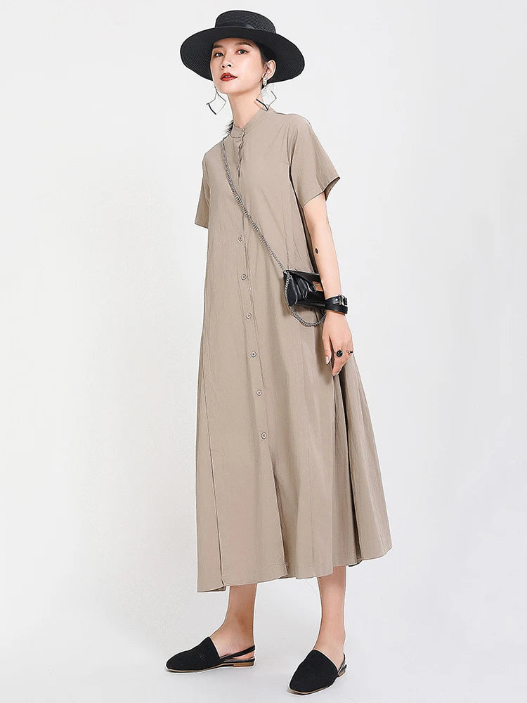 Women Army Green Pleated Elegant Long Shirt Dress New Stand Collar Short Sleeve Fashion Tide Spring Summer 2025 1DE8985