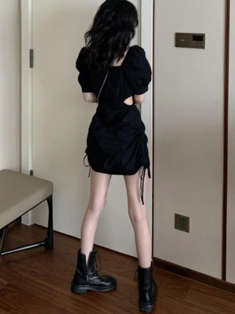 Gothic Harajuku Dress Women Goth Wrap Puff Sleeve Belt Short Dresses Korean Style Square Collar Robes Summer Kpop