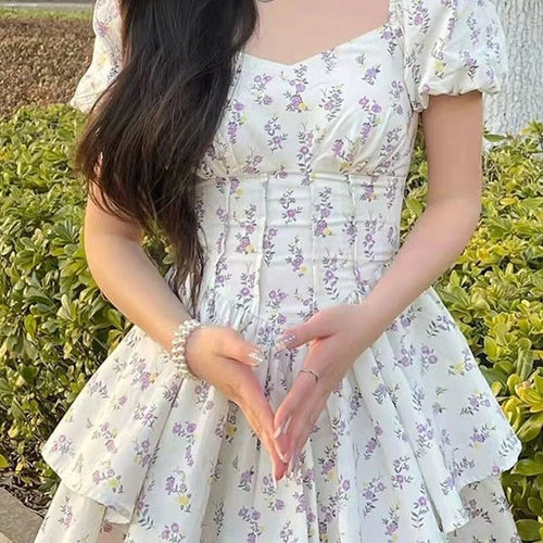 Load image into Gallery viewer, Summer Floral Dress Women Mori Casual Wrap Lavender Flower Print Puff Sleeve Mini Short Dresses Sundress Kawaii Cute
