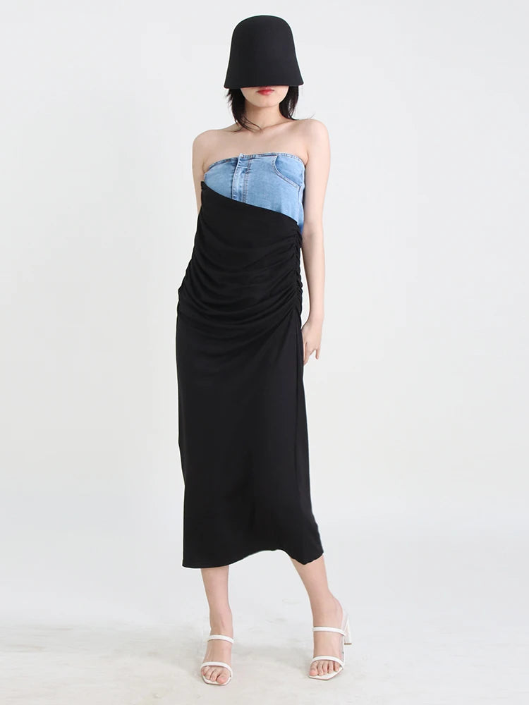 A Line Slim Patchwork Denim Skirts For Women High Waist Folds Temperament Skirt Female Fashion Clothing