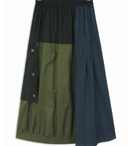 High Elastic Waist Black Green Color-block Long Casual Half-body Skirt Women Fashion Tide New Spring Autumn 2025 1DH8087