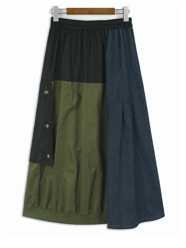 High Elastic Waist Black Green Color-block Long Casual Half-body Skirt Women Fashion Tide New Spring Autumn 2025 1DH8087